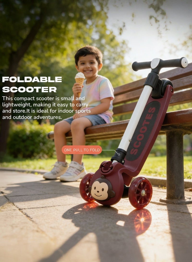 بيبي سكوتر مونكي للأطفال | سكوتر بثلاث عجلات للأطفال بثلاثة ارتفاعات قابلة للتعديل، مزود بإضاءة LED وموسيقى | سكوترات تزلج تتحمل وزنًا يصل إلى 50 كجم | سكوترات جري للأطفال من عمر سنتين إلى 10 سنوات، لون أحمر - Image 3